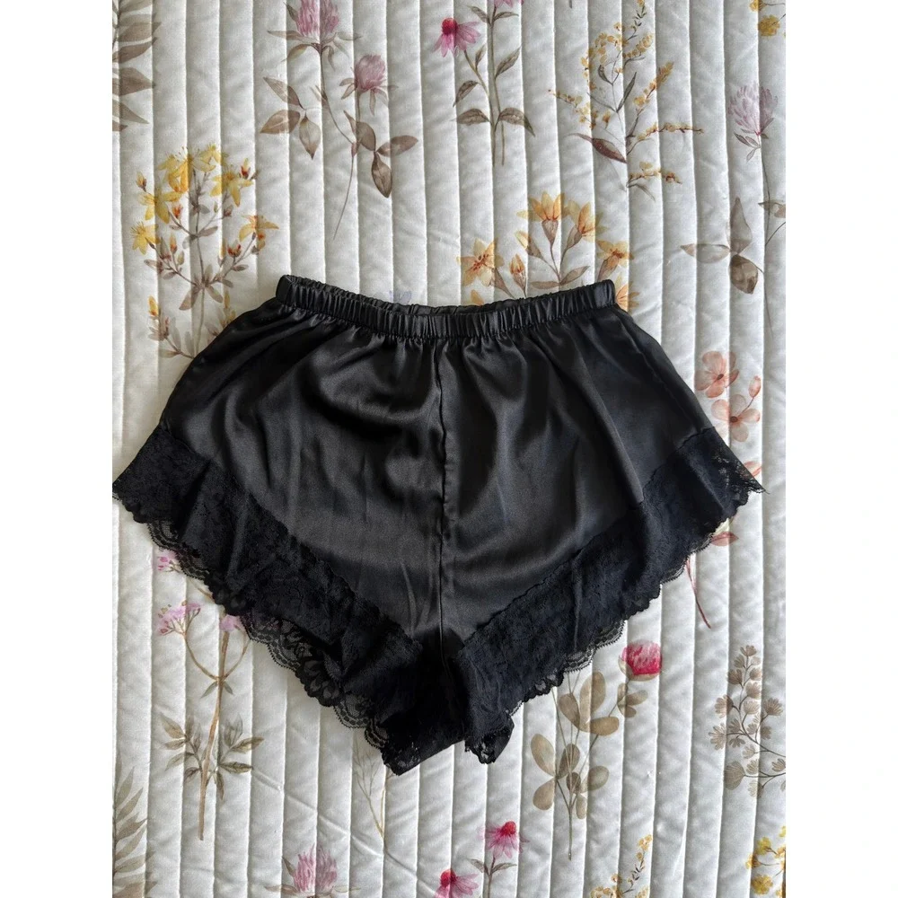 Silky Satin Lace Trim Tap Shorts Coquette‎ Dollette Sleep Womens Black XS